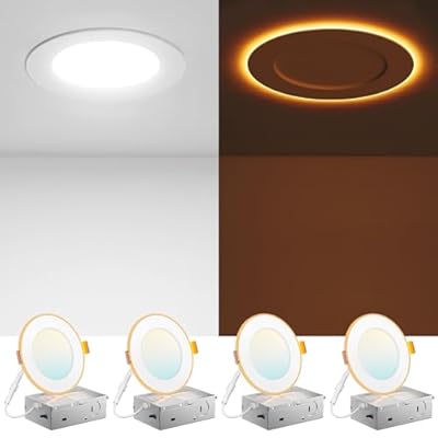 Amico 4 Pack 4 Inch 5CCT LED Recessed Ceiling Light with Night Light, 2700K/3000K/3500K/4000K/5000K Selectable Ultra-Thin Recessed Lighting, 10W=90W, 700LM, Dimmable Canless Wafer Downlight ETL&FCC