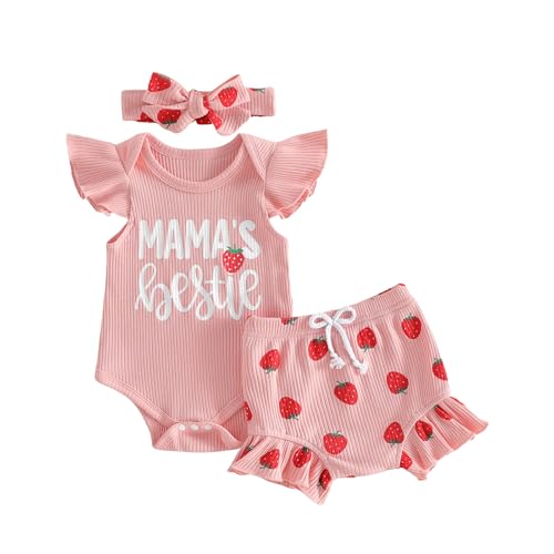 Image of baorji Newborn Strawberry Outfit Baby Girl Mama's Bestie Romper Ruffle Onesie Rib Shorts Set Headband 3Pcs Summer Clothes