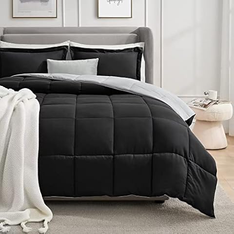 Homelike Moment Lightweight Comforter Set King Black All Season Down Alternative Comforter Set Summer Duvet Insert 3 Piece - 1 Comforter with 2 Shams Reversible King Size Black/Light Grey Cover