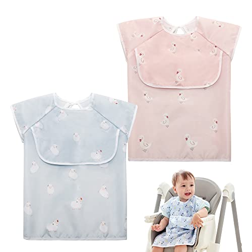 Little Dimsum 2 Pcs Baby Bibs for Girls Boy Short Sleeves Toddler Feeding Bib Unisex Waterproof 6-36 Months with Top Pocket, Duck&sheep