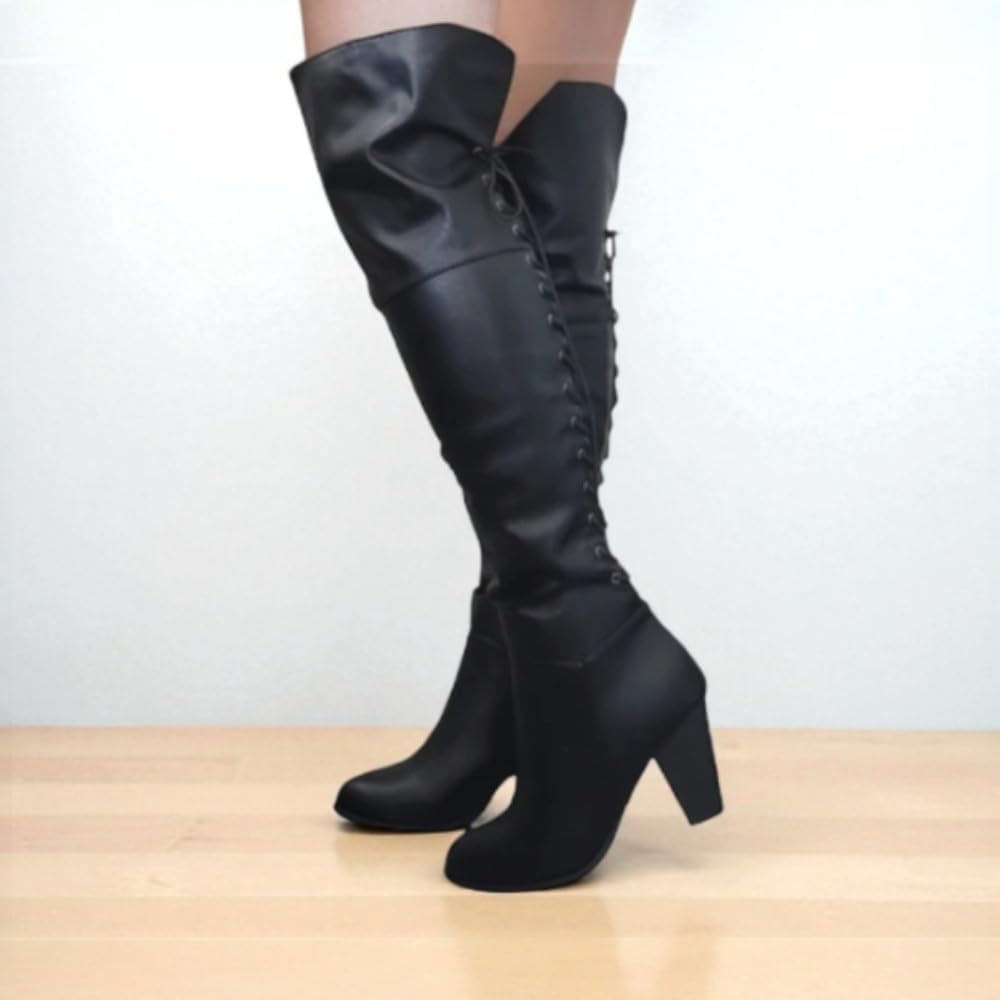 Women's Chunky Heel Lace Up Over-The-Knee High Riding Boots