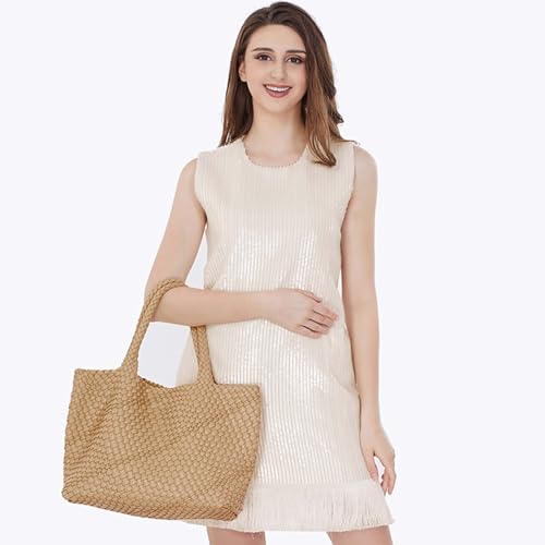 Image of Woven Tote Bag for Women Retro Handwoven Shoulder Travel Handbag Large Capacity Hobo Vegan Leather Bags with Purse