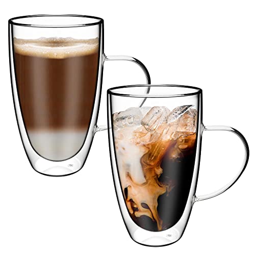 Vinsani PIVANO Lot de 2 tasses à café à double paroi 600 ml en verre borosilicate transparent résistant à la chaleur et au froid avec poignée pour cappuccino, latte, thé, dessert, boissons chaudes et