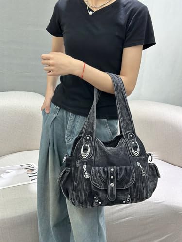 Image of Designer Denim Handbags for Women Hobo Tote Bag Crossbody Denim Purses Blue Jean Shoulder Bag