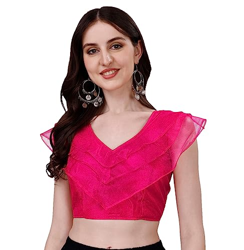 Image of Pujia Mills Women's V Neck Orgenza Three Layer Ruffle Sleeve Frill Readymade Saree Blouse