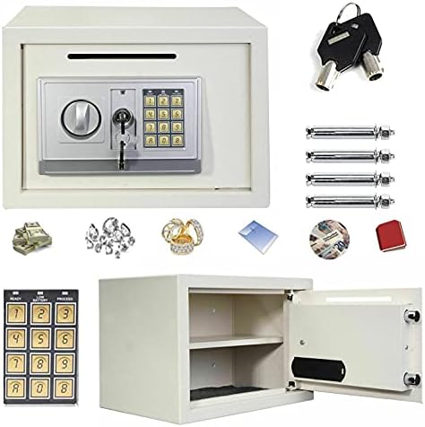 16L Digital Steel Cabinets Safes Safety Box Electronic Security Large Capacity with Full-digit Keypad/2 Override Key/2 Installing Bolts Wall (25x35x25cm) for Home Office Money Cash Valuables White