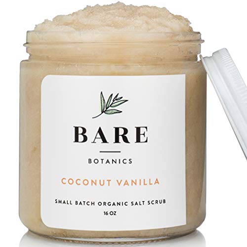 Bare Botanics Coconut Vanilla Dead Sea Salt Body Scrub, Large 16oz, Wet Skin