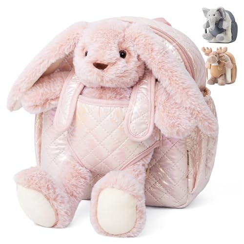 Moonkie Hug & Go Mochila Niña, Bolso Infantile Conejo con Juguete Desmontable, para Niñas 1 2 3 Años, Mochila Bebe Guarderia de Peluche, con Correas Ajustables, Perfecto para Viajes & Regalos Niños