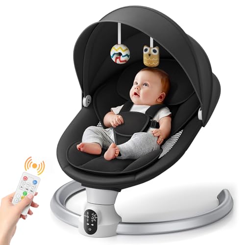Helangel Electric Baby Bouncer, Electric Baby Swing Chair from Birth, Baby Swing with 5 Point Safety Harness for Newborn up to 9 kg Weight, Mobile App and Remote Control (Black)