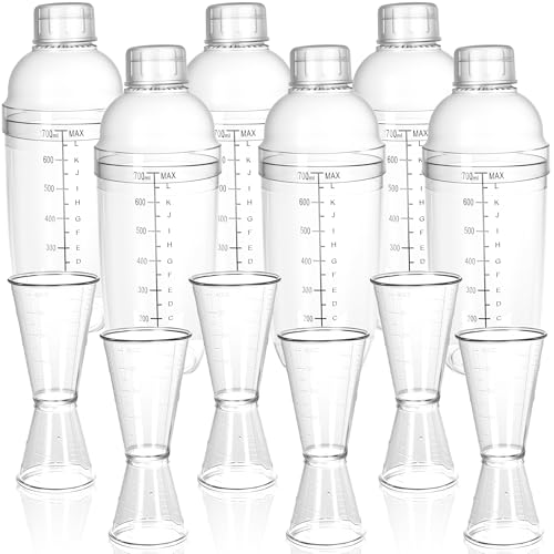 12 Pcs Plastic Cocktail Shaker Set Including 6 24 OZ/ 700ml Clear Drink Mixer with Scales and Strainer 6 Double Measuring Jigger for Cocktail Coffee Drinks Milk Juice Kitchen Party
