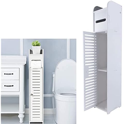 White Wooden Free Floor Standing Toilet Roll Tissue Paper Cabinet Bathroom Storage Cupboard Cabinet with Doors and Shelves, Thin Toilet Vanity Cabinet, Narrow Organizer Shelf Paper Holder 81x16x16cm Cover