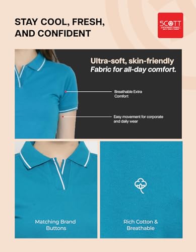 Image of Scott International Women's Cotton Polo T-Shirt | Half Sleeve Plain Collar Tee | Stylish Casual Top | Plain T-Shirt for Girls | Workwear for Office & Casual Wear