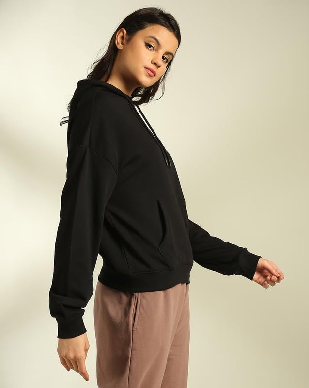 Image of Solid Long Sleeves Hooded Neck Sweatshirt with Kangaroo Pocket Hoodie for Women's