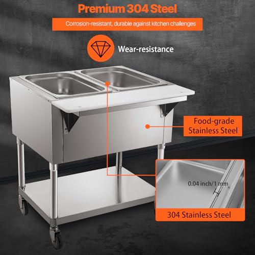 Image of VEVOR Commercial Electric Food Warmer, 2-Pot Steam Table Food Warmer, Features 0-100℃ Adjustable Temp, Movable Professional Stainless Steel Table with ETL Certification for Catering and Restaurants