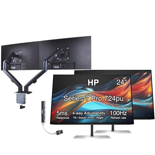 Image of HP Series 7 Pro 24 inch WUXGA USB-C Docking Monitor with Adjustable Tilt /Swivel /Pivot /Height, VESA Mount, Displayport, Black /Silver 2 Pack w /DKZ Hub & ErgoFlexy Dual Mount Arms