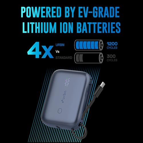 Image of URBN 10000 mAh 35W Super Fast Charging Power Bank with Built-in USB-C Cable| Triple Output | Two Way Fast Charge | Made in India | for MacBook Air, iPhone, Android & More (Blue)