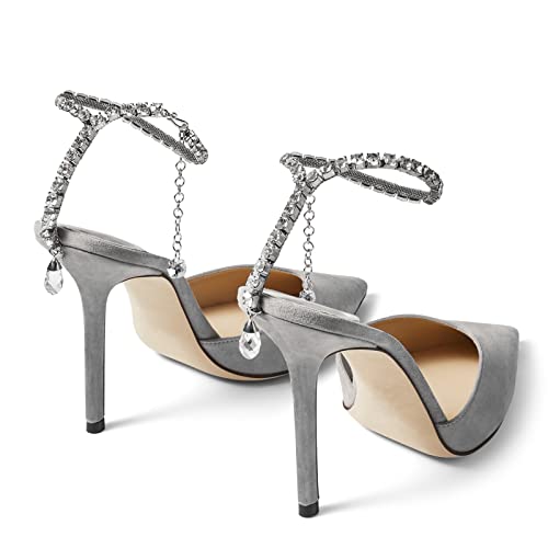 Image of LauraVicci Women's Heeled Sandals Crystal Chain Ankle Straps Rhinestones Buckle High Heels Stiletto Slip On Wedding Party Satin Dress Shoes