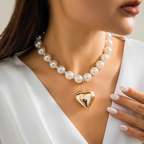 Heart Necklaces for Women Gold Chunky Heart Necklace Pearl Beads Choker Necklaces Y2k Necklace Trendy Jewelry Accessories Gifts4