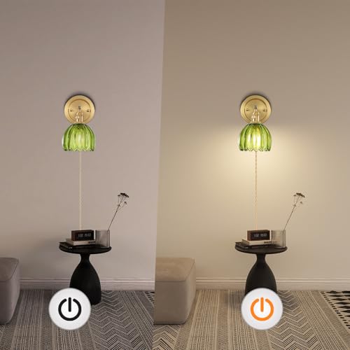 Image of Plug in Vintage Wall Sconces Set of 2 Green Living Room Wall Lights with Tulip Glass Shade 180 Adjustable with Switch and 4.9FT Plug in Cord Art Fixtures Decor for Bathroom Hallway