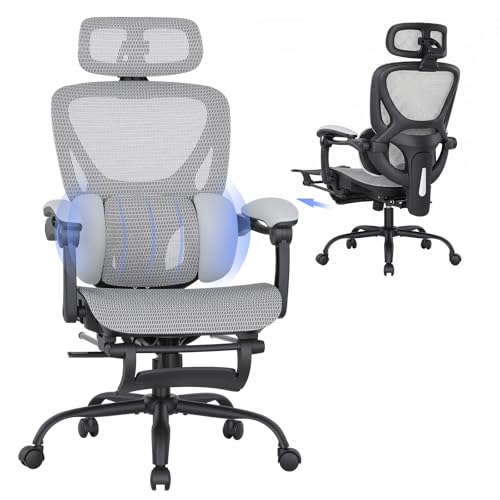 Image of MALOL Ergonomic Mesh Office Chair with Footrest, Executive High Back Computer Desk Chair with 3D Adjustable Headrest & 5-Level Lumbar Support, Reclining Tilt Lock, 3D Arms, 300LBS Capacity, White