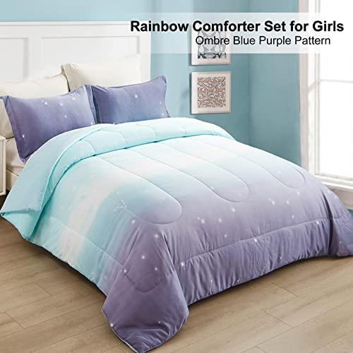 Dinjoy Girls Women Comforter Set King Size Colorful Rainbow Ombre Blue Purple Aesthetic Bedding Set Soft Microfiber Bed Set For Teen Girls 3 Pieces (1 Comforter, 2 Pillowcases) #TOP1