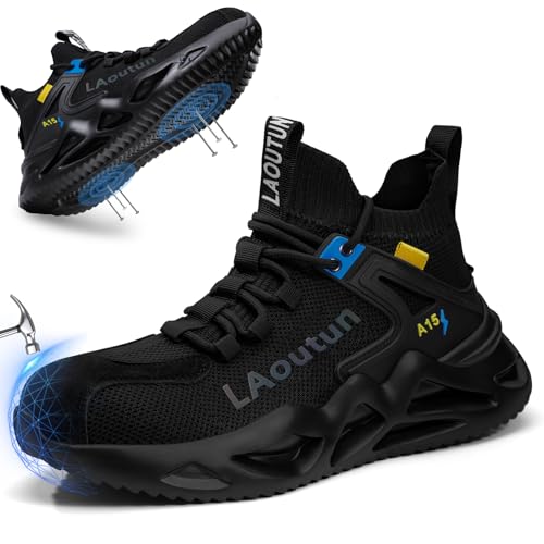 LAoutun Steel Toe Work Shoes Men, Puncture-Resistant, Black