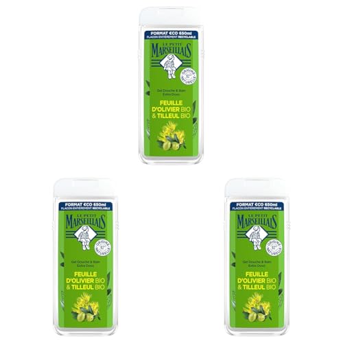 Le Petit Marseillais | Gel Douche & Bain Extra Doux Feuille d’Olivier Bio & Tilleul Bio (flacon de 650 ml) – 92% d'ingrédients d'origine naturelle – pH neutre pour la peau et sans colorant (Lot de 3)