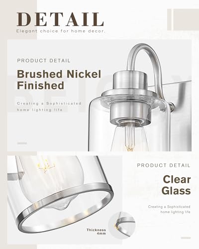 Image of Beionxii 3-Light Bathroom Light Fixtures, Brushed Nickel Bathroom Light Fixtures Over Mirror, Bathroom Vanity Light with Clear Glass Shade, Modern Vanity Lighting for LivingRoom Hallway, BX-VL01BN-3CG