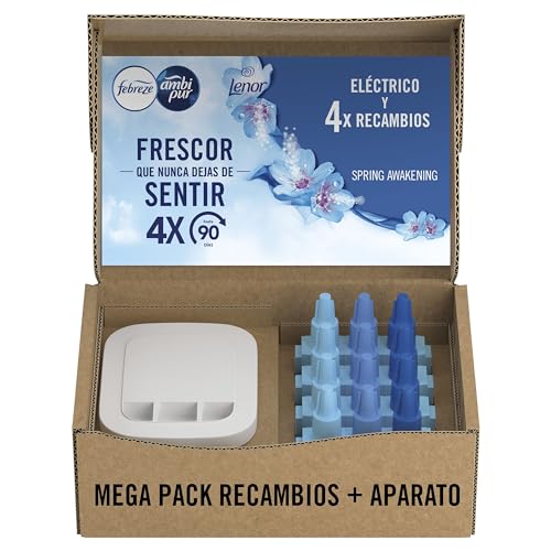 Ambipur 3VOLUTION Ambientador Casa, Aparato Electrico + 4 recambios Aroma Frescor Primavera 80 ml, 3 Fragancias Que Se Alternan Para Combatir Los Olores