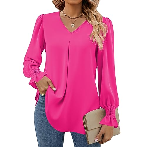 Funlingo Damen 2024 Langarm-Tops, elegant, lässig, V-Ausschnitt, Tunika, Hemden, lose Chiffon-Arbeitsbluse, 00_Rose Red Pink, XXX-Large