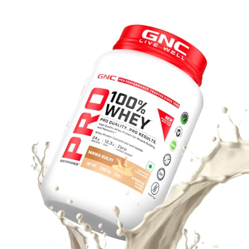 Image of GNC Pro Performance 100% Whey Protein | New Formulation | 24g Protein, 5.7g BCAAs, 12.3g EAAs | Added DigeZyme | Whey Isolate & Concentrate Blend, Low Carb (4.51g), No Added Sugar | Mawa Kulfi, 907g
