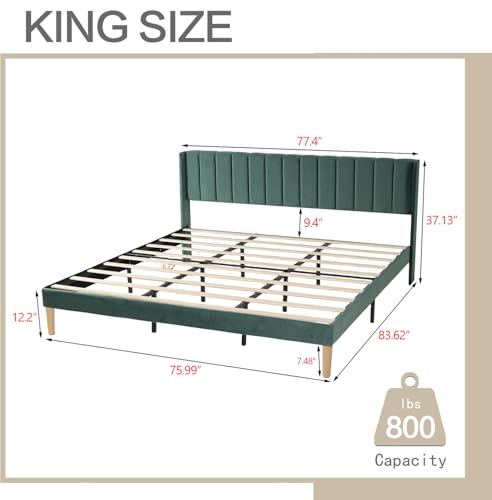 Image of AGARTT Upholstered Platform Bed Frame King Size, Ink Green Velvet