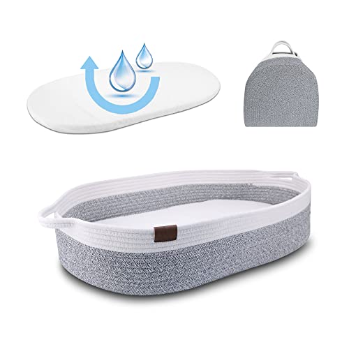 Kenuak® Cesta Cambiador Bebé Portátil, Canasta Mueble Recién Nacido, Cambiador de Mesa Impermeable Pañales, Funda Extraíble Suave con Cremallera, Nido Plegable de Viaje 100% Algodón Natural (Gris)