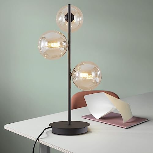 Image of Modern Globe Table Lamp, Mid Century 3 Lights Black Bedside Lamp, Brown Glass Globe Reading Lamp for Bedroom Living Room Study Room