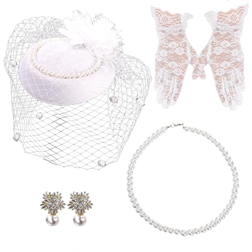 Image of Hiceeden 4 Pieces White Tea Party Hat Accessories for Women, Elegant Fascinator Wedding Hat for Girls, 20s 50s Pillbox Funeral Hats with Veil, Short Lace Floral Gloves, Pearl Earring and Necklace