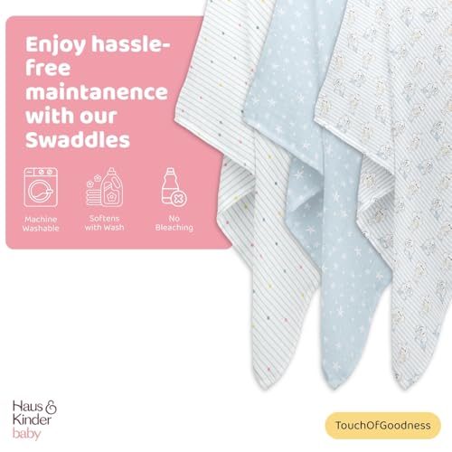 Image of haus & kinder 100% Cotton Muslin Swaddle Wrap for New Born Baby | Pack of 3 (120x120 cm) | Baby Blanket & Swaddles for Newborn | Twinkle Dreams Collection