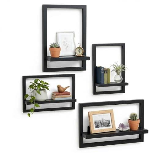 OFFASST Set de 4 Estantería de Pared – Repisas Flotantes de Madera Maciza para Libros y Decoración – Baldas Pared para Salón, Dormitorio, Cocina – Estante Flotante Moderno (Negro)