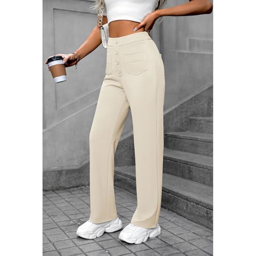 Womens Straight Leg Pants High Waist Stretchy Button Business Work Pants Dress Casual Trousers with Pockets4