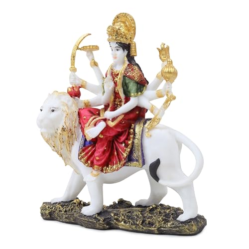 Image of ARMONIA Goddess Durga Dust Marble Finish Figurine with Lion | Hindu Sherawali MATA Murti | Durga Maa Idol for Pooja Mandir & Puja Room | Traditional Hindu Statue for Home Decor & Gifting | H- 25 cm