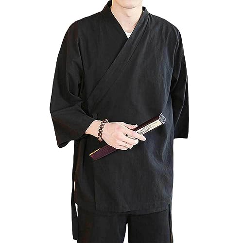 Men's Japanese Noragi Cardigan Open Front Kimono Jacket Self Tie Cover Up