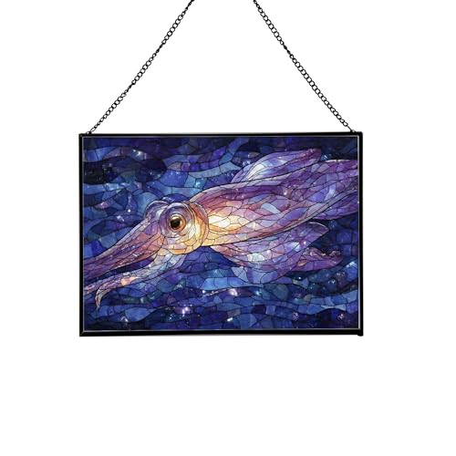 Glass Squid Ocean Animal Stained Glass Suncatcher – Rectangular Hanging Window Panel with Underwater Scene – Glass Art Gift for Coastal Decor and Sea Lovers, Christmas, Halloween 65eRQQ