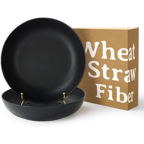 Homienly Big Salad Bowls, 65 oz Serving Bowls Set of 2,Wheat Straw Plates,Deep Plates for Kitchen and camping,Microwave & Dishwasher Safe Large Bowl,black plate bowls Cover