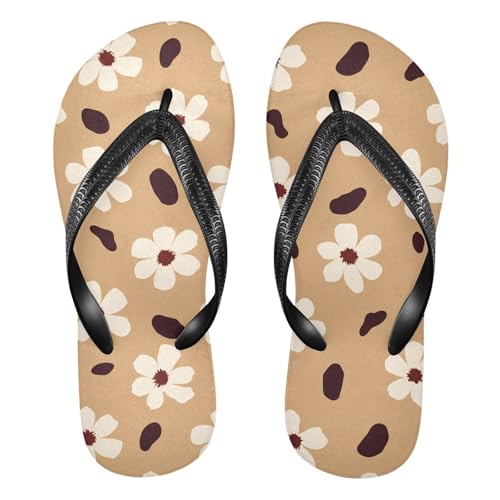 Sinestour White Flower Brown Flip Flops for Beach Thong Sandals Anti-slip Lightweight Flat Slippers for Summer Travel Swim