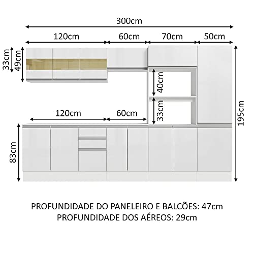 Armário de Cozinha Completa 100% Mdf 300cm Frentes Branco Brilho Smart Madesa 02