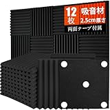 Saiqiang 吸音材 12枚 きゅうおん材 壁 防音材 吸音パネル 吸音スポンジ 吸音 防音防 吸音シート 30*30*2.5cm 吸音対策 遮音シート 防音 防音パネル 遮音材 1.08 m² 黒 両面テープ付き