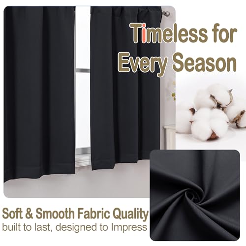 Image of Black Blackout Curtains for Small Window Treatment, Light Blocking Short Kitchen Window Curtains Over Sink, Dual Rod Pocket Half Window Tiers for Bathroom Basement, Each 40 inch Wx36 L, 2 PCS