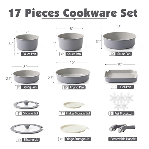 Image of SENSARTE 17 Piece Ceramic Pots and Pans Set, Nonstick Detachable Handle Cookware, Induction Kitchen Cookware Set with Removable Handle, Dishwasher & Oven Safe (Gray)