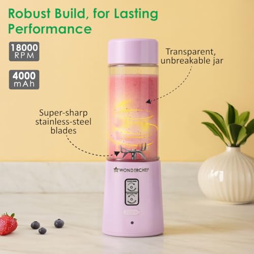 Image of Wonderchef Twister Portable Blender, 500ml, Dual-rotation Stainless-steel Blades, For Crushing Ice, Smoothies, Shakes, For Backpacks /Office Bags, Type-c Charge, 1-Yr Warranty, Lavender