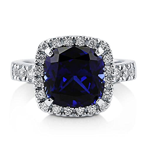 Berricle R238-SP-7 Sterling Silver Halo Simulated Blue Sapphire Cushion Cut Cubic Zirconia Cz Statement Cocktail Fashion Ring thumb #1