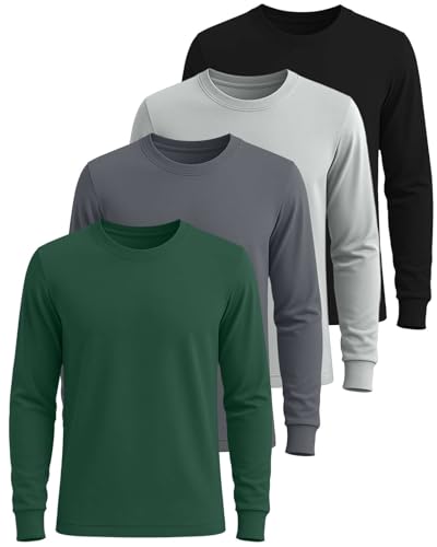 Image of Real Essentials 4 Pack: Men's Cotton Long Sleeve Crew Neck T-Shirt - Soft Work Casual Jersey Tees